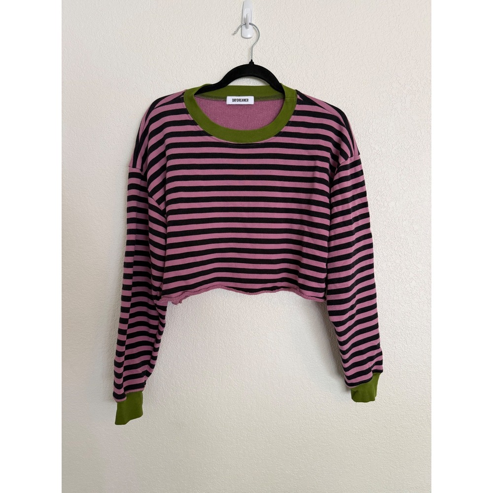 Daydreamer Pink Black Striped Cropped Sweatshirt Olive Green Trim French Terry